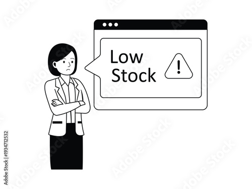 Businesswoman concerned about low stock alert notification on digital screen flat vector illustration