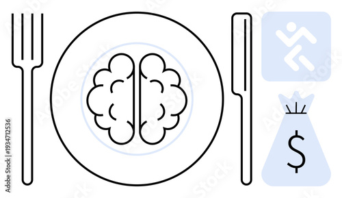 Brain on a plate with cutlery symbolizing mental nourishment, next to fitness and financial prosperity icons. Ideal for mental health, focus, decision-making, balance themes, lifestyle, and wellness