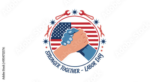 Labor day illustration featuring clasped hands in solidarity with american flag background and wrenches symbolizing unity and strength