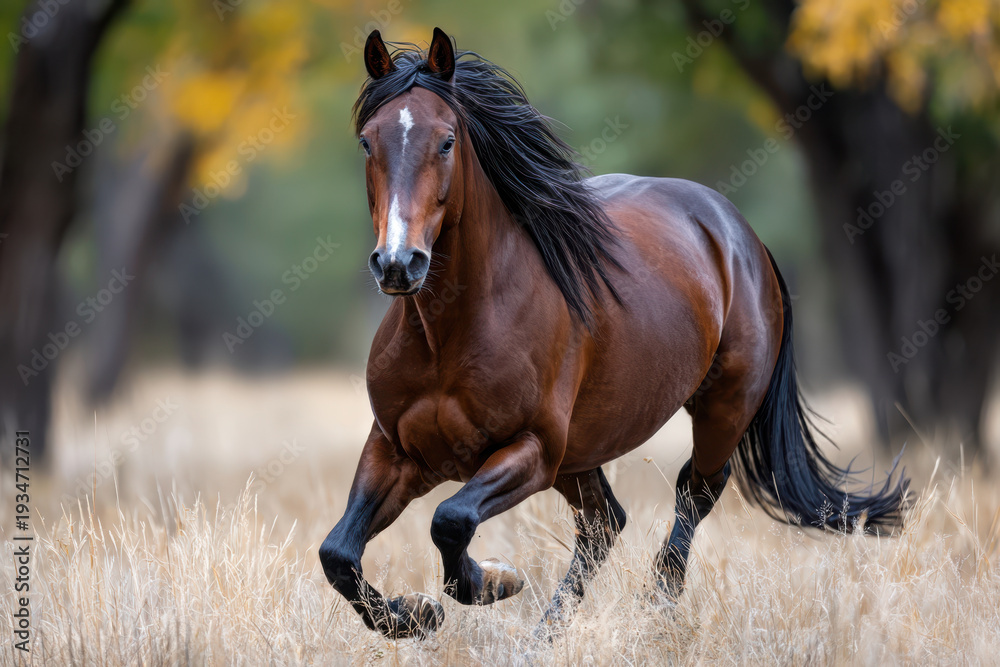 Obraz premium Bay horse running through tall grass in autumn