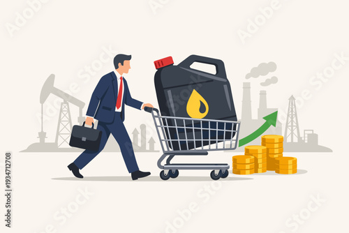 Businessman pushing a shopping cart with a large oil canister towards gold coins and a rising arrow, symbolizing crude oil investment, energy market growth, and profitable stock trading concept.