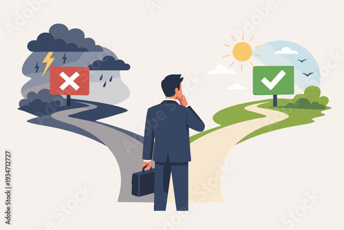 Businessman at a fork in the road deciding between a dark stormy path with a red X and a bright sunny path with a green checkmark, symbolizing strategic decision making, ethics, and career choice.