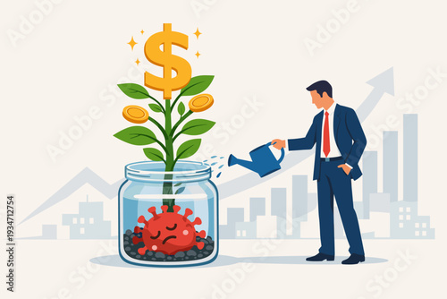 Businessman watering a money tree growing from a jar with a defeated coronavirus cell, symbolizing economic recovery, financial market growth, and business success after the global pandemic.