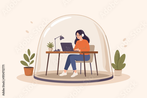 Introvert Woman Working in a Private Glass Dome for Maximum Focus and Productivity, Individual Employee Working Alone in a Quiet Home Office Space with Laptop and Headphones Illustration.