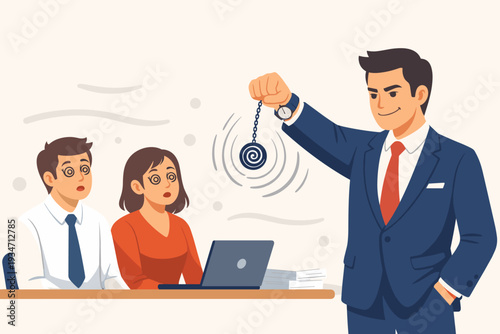 Businessman in Suit Using Hypnosis to Control and Manipulate Employees in Office Setting, Concept of Leadership Influence, Persuasion, Psychological Tactics, and Corporate Mind Control.