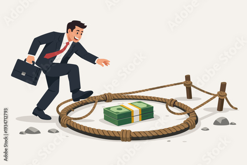 Businessman Stepping into a Rope Snare Trap with a Stack of Money, Concept of Financial Fraud, Investment Scam, Greed, Deception, and Risk in Business, Vector Illustration of a Victim and Bait.