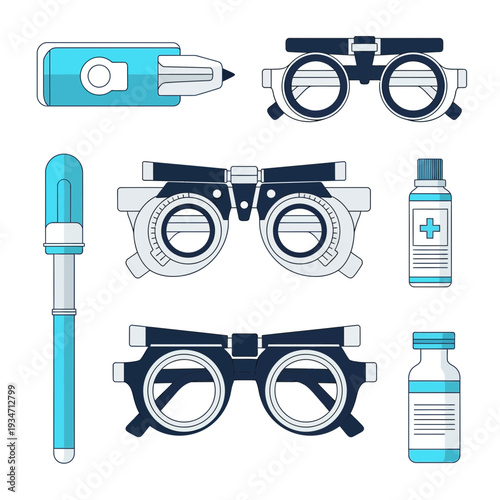 Essential Eye Care Instruments and Tools Illustration for Vision Correction and Optometry