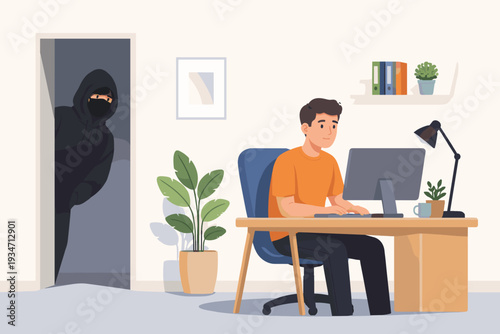 Vector illustration of a man working at his desk in an office while a masked stalker in a black hoodie watches from a dark doorway, concept of cyber security, privacy threat, and digital danger.