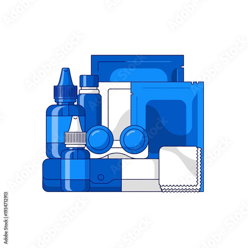 Essential Eye Care Kit Illustration Showcasing Contact Lenses and Cleaning Supplies