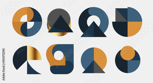 Geometric shapes in blue and orange.