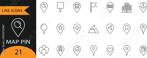 Map Pin and Location Navigation Line Icons Set for Travel and GPS Points

