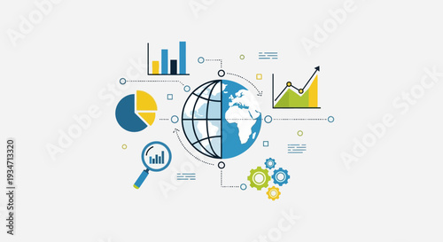 Infographic elements with globe and graphs.
