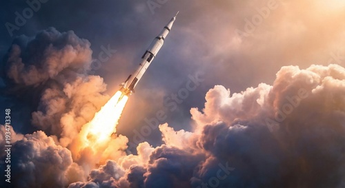 Dramatic rocket launch ascending through voluminous clouds at sunrise, powerful orange yellow flames and white smoke plume, cinematic high-angle view, white slender rocket piercing turbulent sky