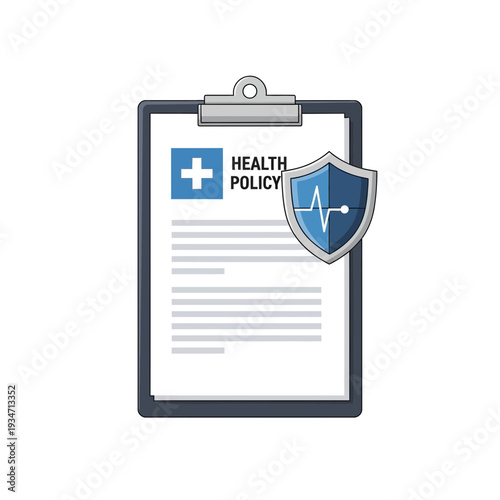 Essential Healthcare Policy: Clipboard Displaying Document and Health Protection Shield Illustration