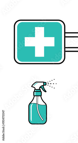 Essential Medical and Hygiene Supplies Featuring Sign, Disinfectant Spray, and Sanitization Symbols