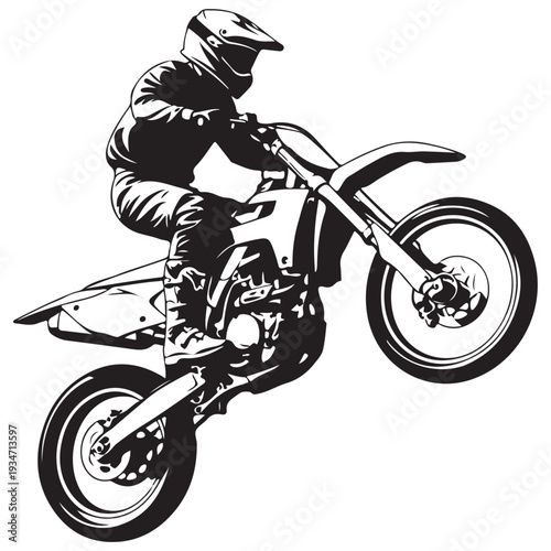 Off-Road Motorcyclist Performing Wheelie Stunt on Dirt Bike Illustration
