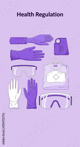 Essential Medical Supplies Depicted: Gloves, Protective Gear, And Eyewear On Purple Backdrop
