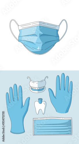Essential Medical Supplies Depicted: Mask, Gloves, Dentures, Tooth, Hygiene Equipment for Healthcare