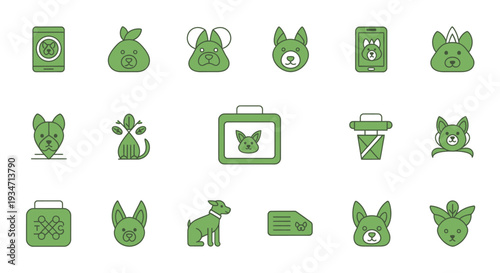 Collection of Green Icons Representing Various Objects.