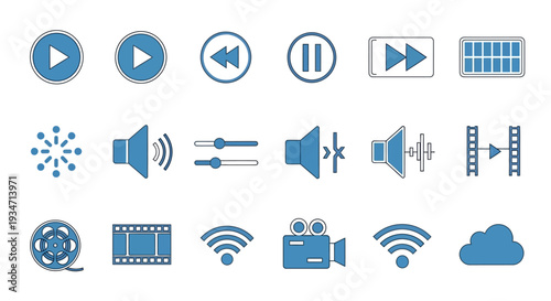 Collection of Blue Media Icons Symbols.