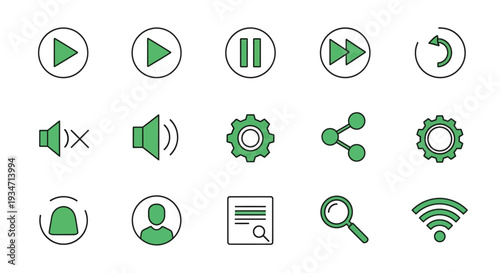 Collection of Green Media Control Icons.