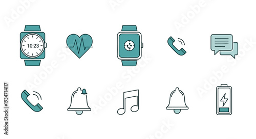 Smartwatch icons with notification symbols and accessories.