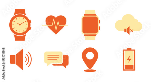 Collection of Modern Orange Icons Representing Technology and Health.