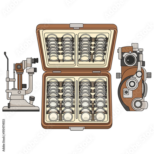 Essential Ophthalmic Instruments Showcasing Diagnostic Equipment and Corrective Lens Array for