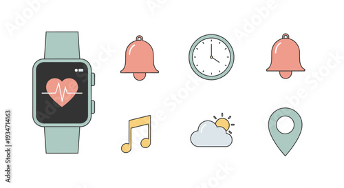 Smartwatch with Heart Rate and Notifications Icons.