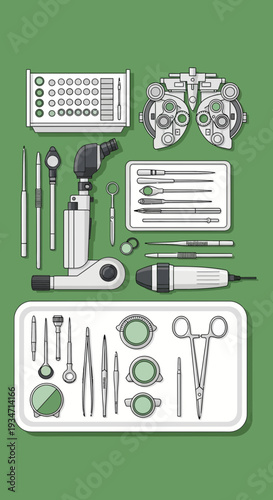 Essential Ophthalmic Tools And Equipment Displayed Against a Vibrant Green Backdrop for Medical