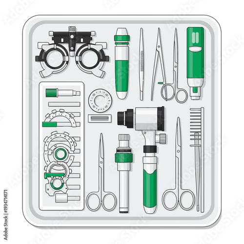Essential Ophthalmic Tools Arranged on Tray: Visual Acuity and Eye Examination Instruments Displayed