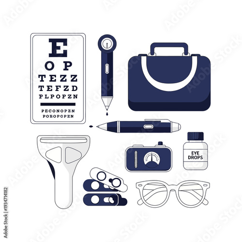 Essential Ophthalmology Instruments and Supplies Depicted in a Clean, Flat Illustration Design