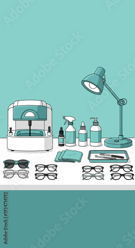 Essential Optics: Modern Eyewear Setup Depicting Cleaning, Maintenance, And Eyeglass Care