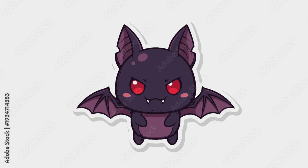 Fototapeta premium Cartoon bat illustration with dark purple coloring and red eyes on white background