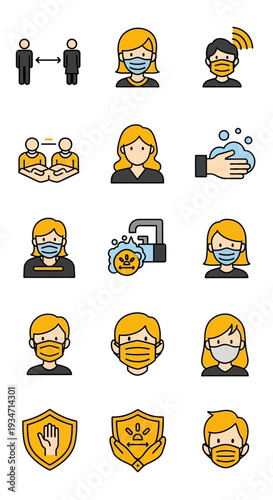 Essential Pictograms Representing Safety Protocols and Social Distancing Measures