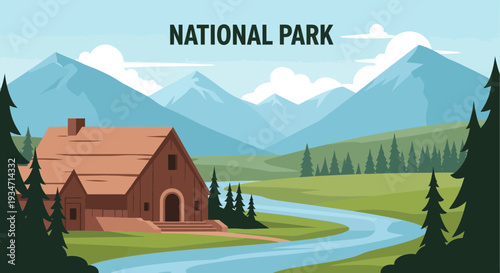 Serene national park landscape with cabin by winding river