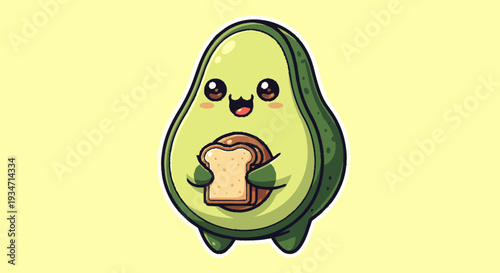 Cartoon avocado character holding toast with cheerful expression on yellow background