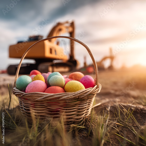 Easter basket with colorful eggs on fresh spring grass at a highway construction site, warm morning sunlight, industrial background, bright seasonal stock photo.