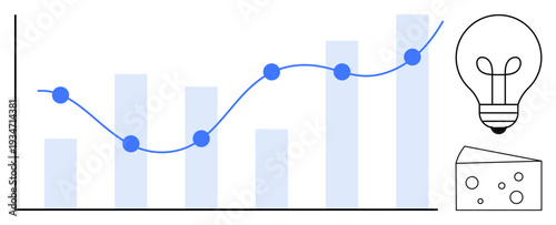 Data analysis concept. Data visualization using a graph with bars and line chart, trends and insights. Data connects with creativity by lightbulb and cheese. For business, creativity, analytics