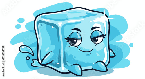 Cartoon ice cube character with smiling face and water splash effects