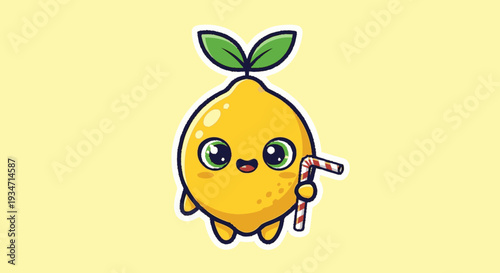 Cartoon lemon character holding straw vector illustration isolated design