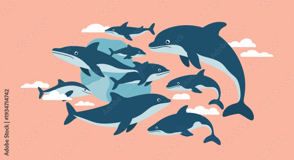 Obraz premium Dolphins swimming together in playful group formation