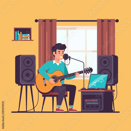Young musician recording music with guitar and laptop in home studio