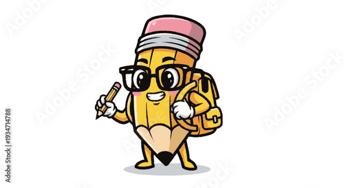 Cartoon pencil character with glasses and backpack preparing for school