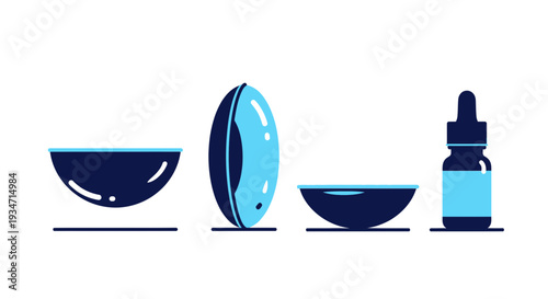 Eye Care Essentials: Contact Lens, Solution, and Bowls, Modern Medical Illustration