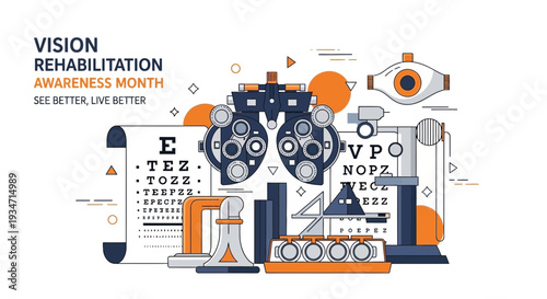 Eye Care Examination Devices Illustration for Vision Rehabilitation and Awareness Month