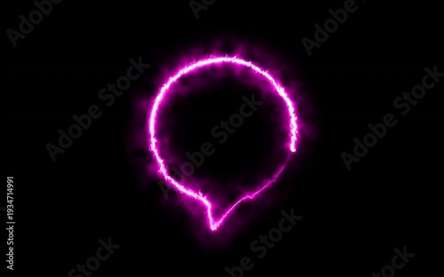 Video. Neon fiery pink speech bubble on a black background. Glowing empty chat bubble. Animation on a black background 4K.