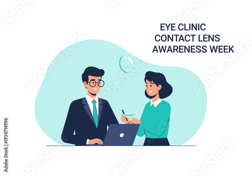 Eye Clinic Contact Lens Awareness Week Illustration Featuring Two Colleagues Working Together