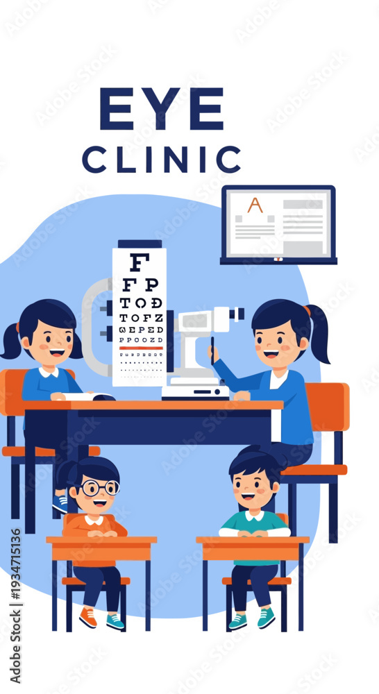 Naklejka premium Eye Clinic Illustration Featuring Children Undergoing Vision Examinations and Treatments