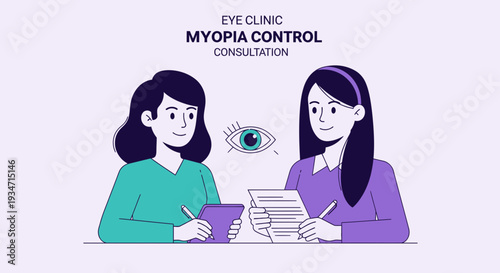 Eye Clinic Illustration Featuring Myopia Control Consultation and Healthcare Professionals